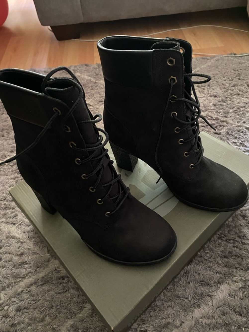 Timberland Black Lace-Up Heeled Ankle Boots
